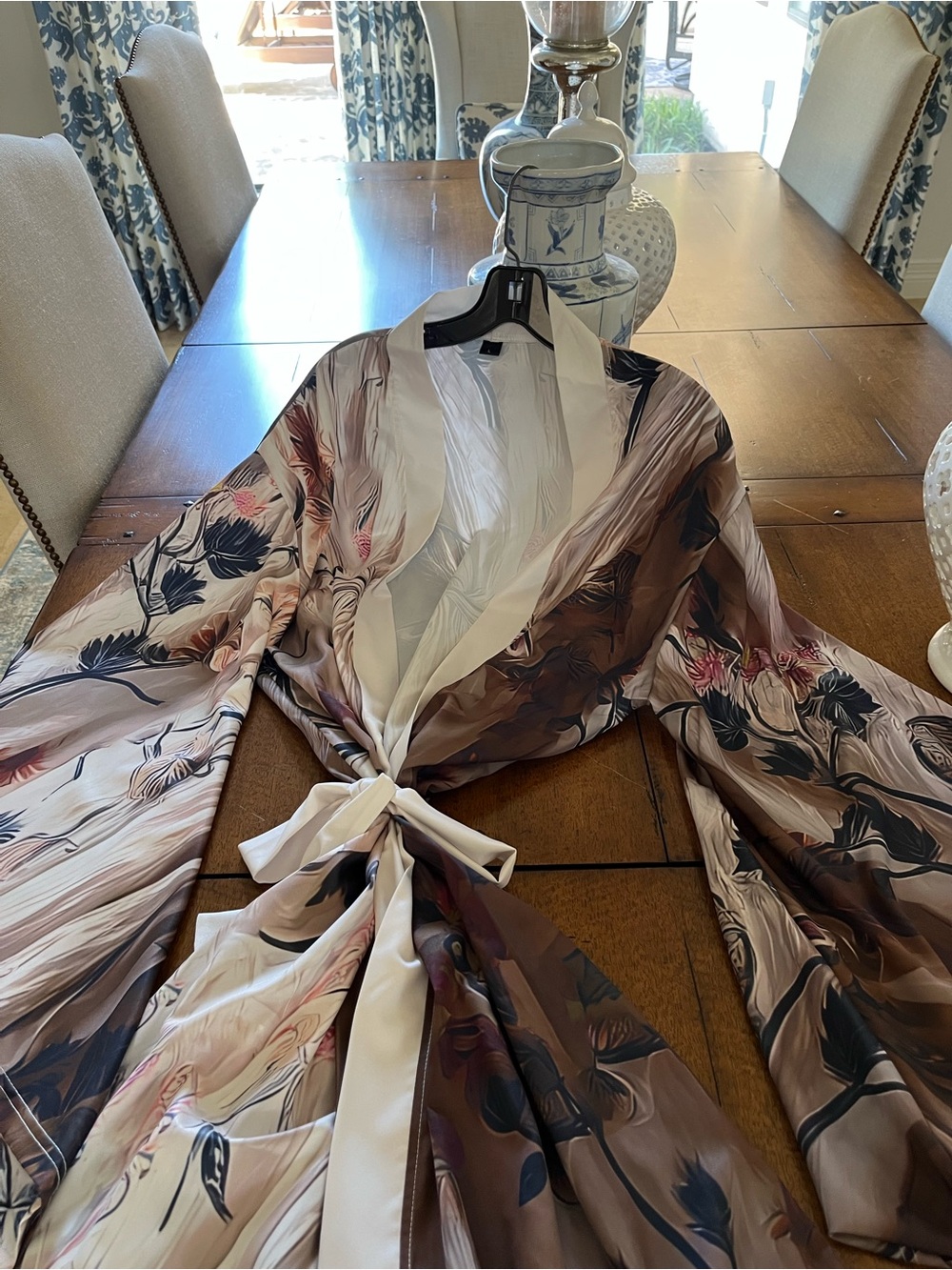 Floral Satin Kimono Robe in Cream and Brown